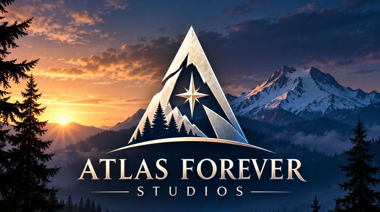 Atlas Forever Studios logo, a mountain emblem with a compass star over a lake at sunset